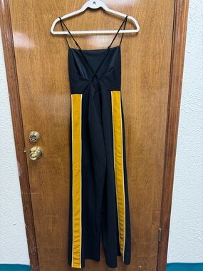 Lush Black Jumpsuit with Mustard Yellow Stripes